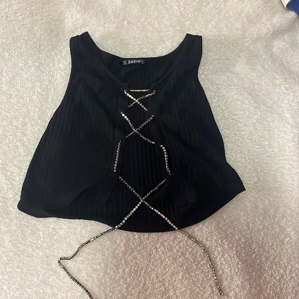 SHEIN Rhinestone Lace Up Front Rib-Knit Tank Top